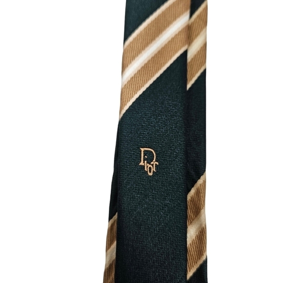 Vintage Christian Dior Dark Green & Gold Split Stripe Neck Tie Men's - Picture 9 of 10